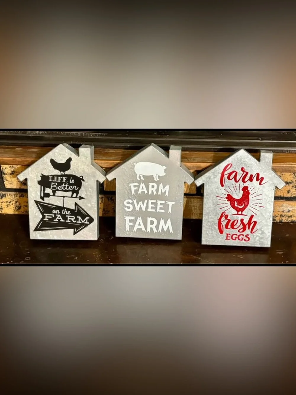FARMHOUSE DECOR • Set of 3 Hanging Metal Signs • Red/White/Black